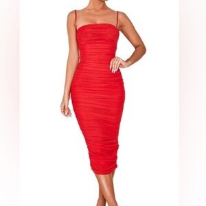 House of CB Sirene red gathered organza mesh dress